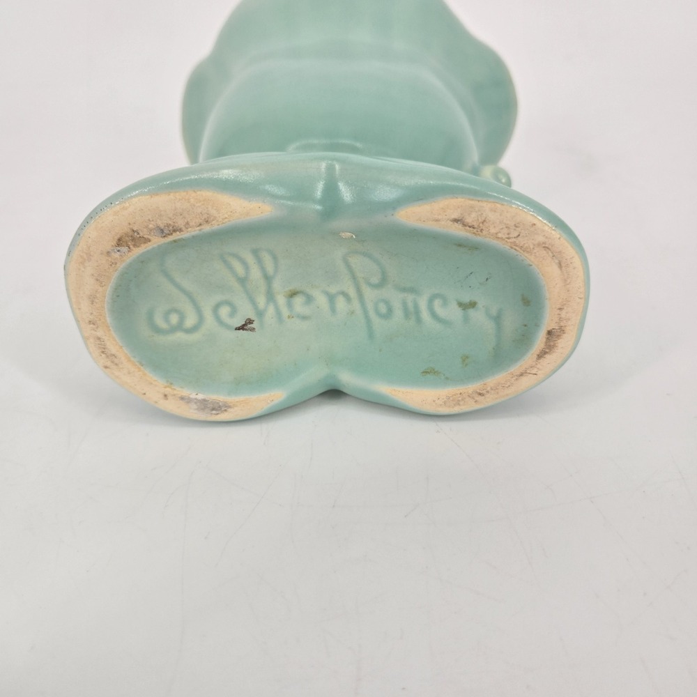 Vintage Weller Cameo Rose Vase Aqua Green White Floral Double Handle 7 In Deco - Picture 3 of 11